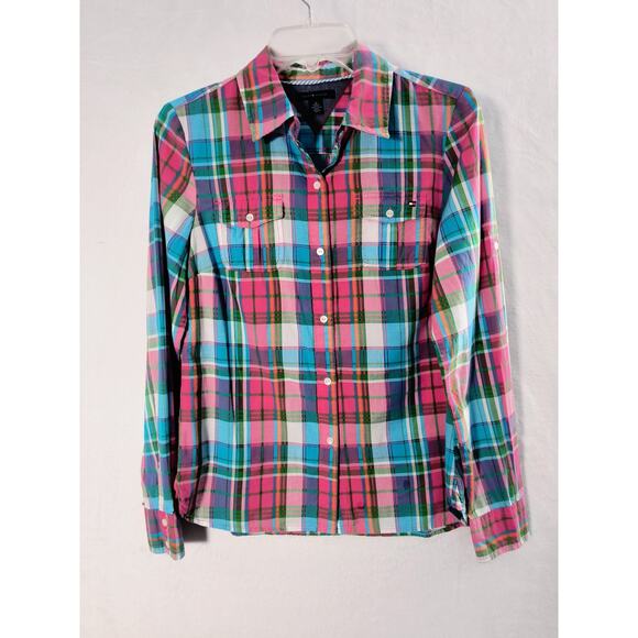 Tommy Hilfiger Button Up Blouse Women's Sz M Multicolor Plaid Roll Tab Sleeve - Picture 9 of 12